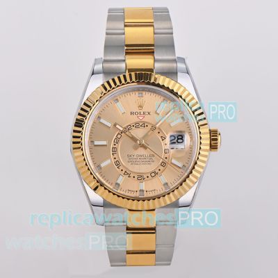 ES Factory 1-1 Replica Rolex Sky-Dweller Two-Tone Watch with Champagne Dial 42mm 